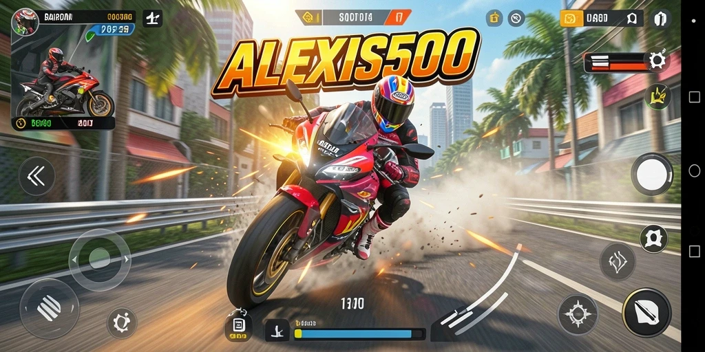 Screenshot ALEXIS500 menampilkan aksi balapan motor yang mendebarkan.