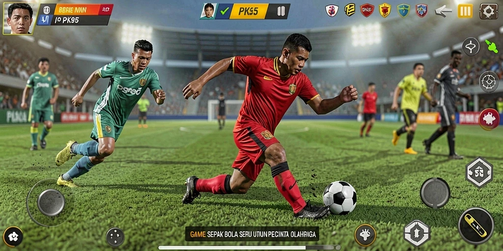 Tangkapan layar PK95 menampilkan aksi pertandingan sepak bola yang mendebarkan.