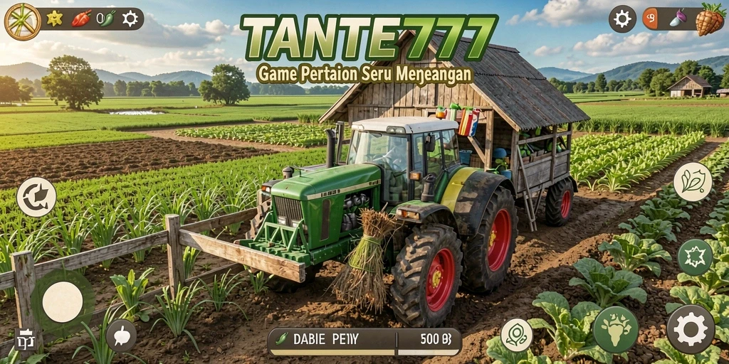 Tampilan gameplay TANTE777 menampilkan lahan pertanian yang subur dan hewan-hewan yang bahagia.